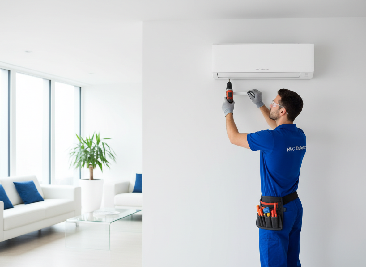 Técnico instalando sistema de climatización